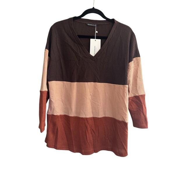 BloomChic Tops - NWT Bloomchic 12 Waffle Vneck Colorblock Brown Rust Beige Long Sleeve Top #3620